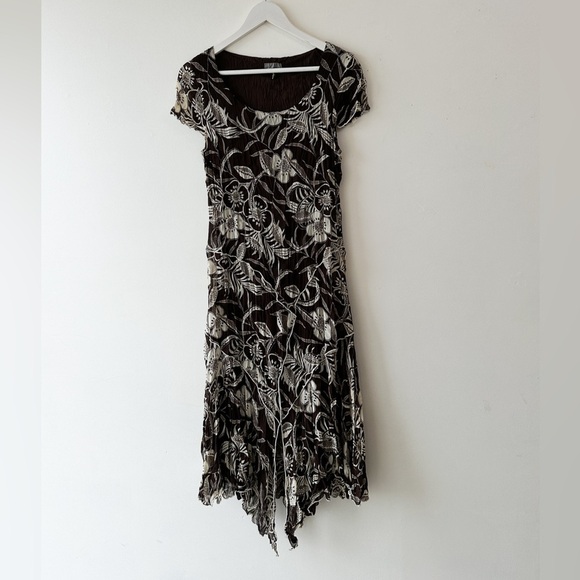 Floral Asymmetrical Dress - Brown/Cream - Short Sleeve - Size 10 - Picture 1 of 9